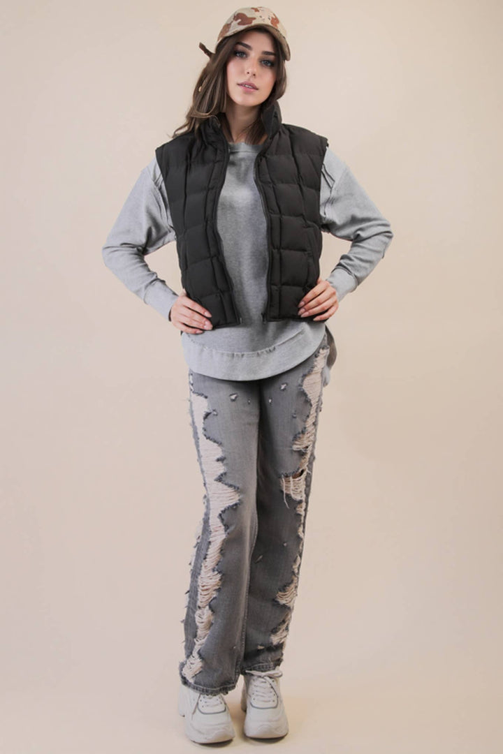 NJ90282-Solid & Leopard Puffer Padded Warm Vest