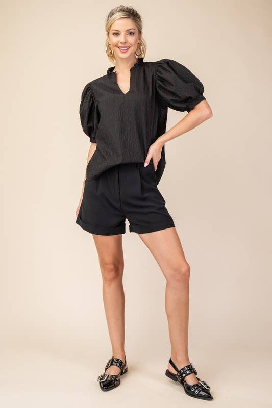 Ruffle V-Neck Puff Sleeve Top