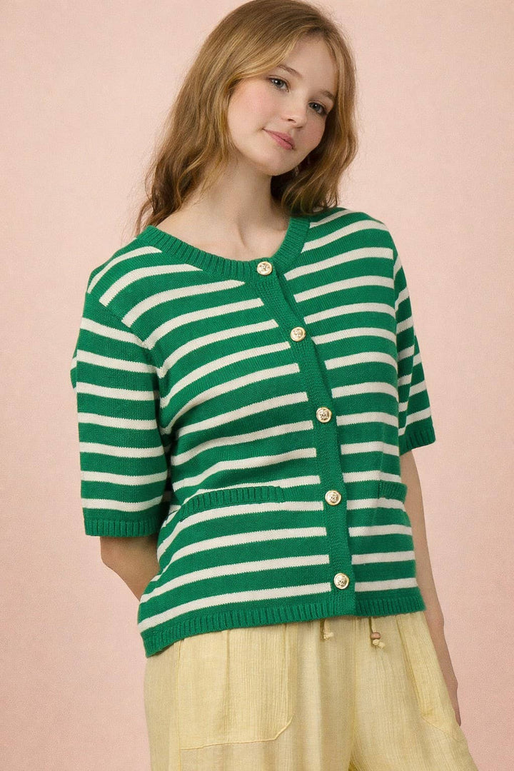 Stripe Button Down Knit Sweater Top Kelly Green