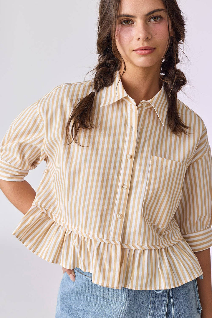 PT18030 - Violet 3/4" Sleeve Peplum Button Down Top