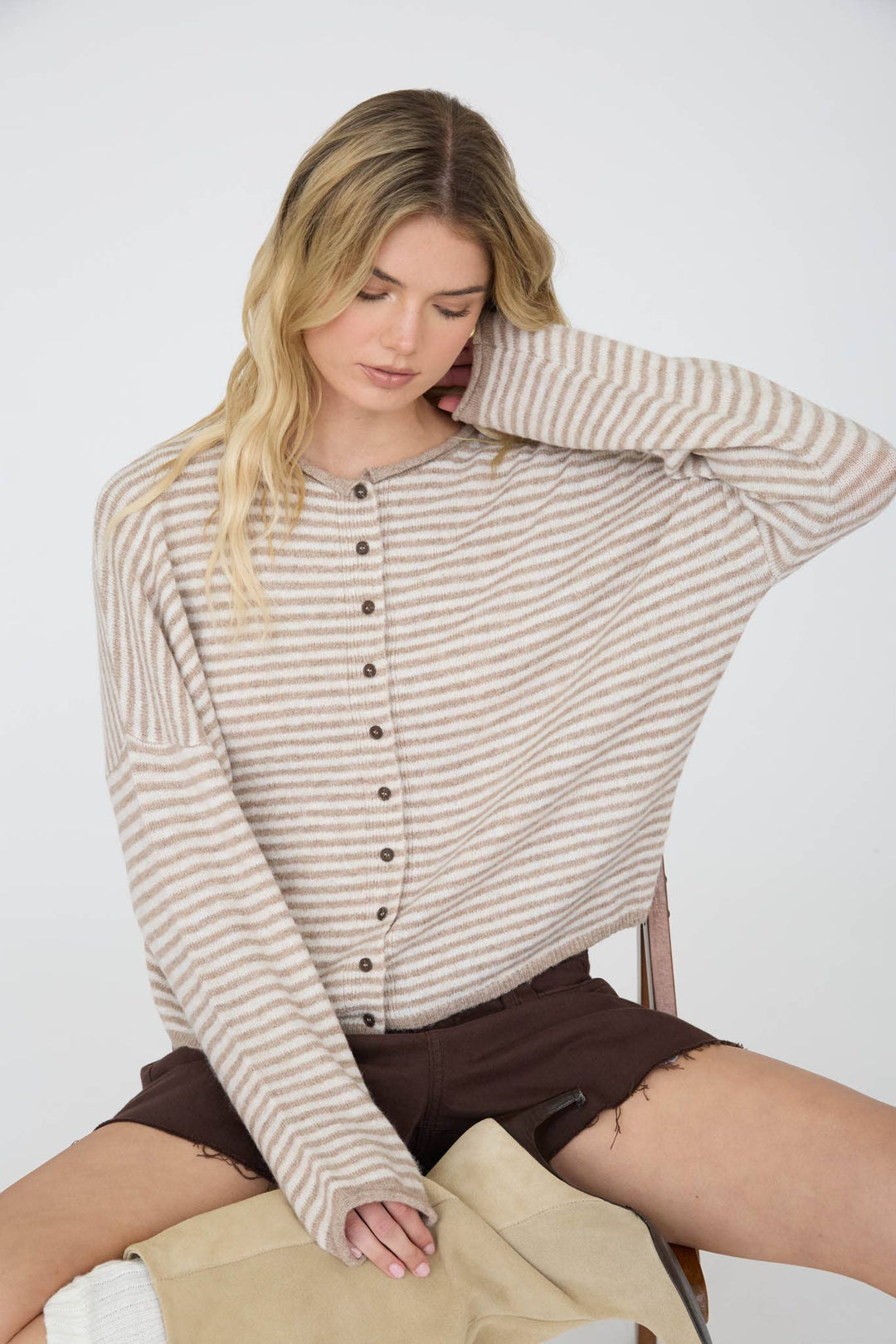 STRIPE RAW EDGE DROP SHOULDER KNIT CARDIGAN