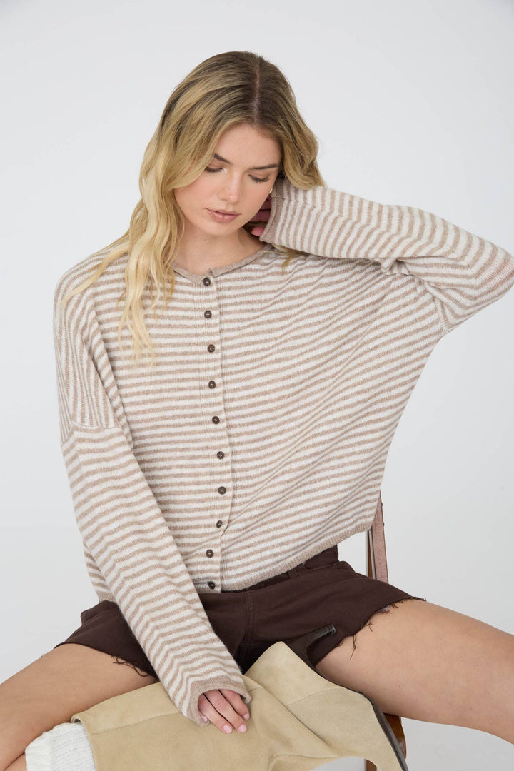 STRIPE RAW EDGE DROP SHOULDER KNIT CARDIGAN