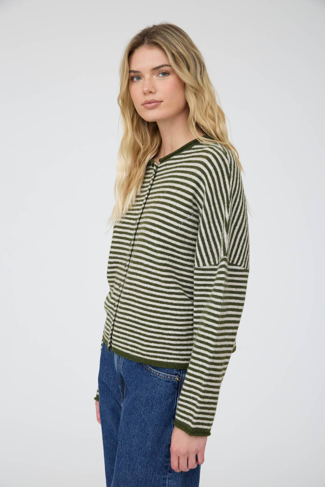 STRIPE RAW EDGE DROP SHOULDER KNIT CARDIGAN