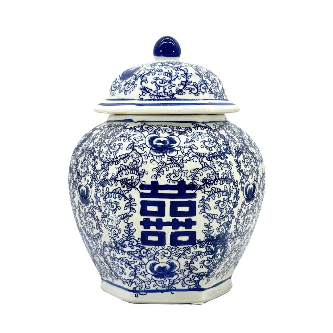Blue & White Chinoiserie Porcelain Jar 12" Happiness