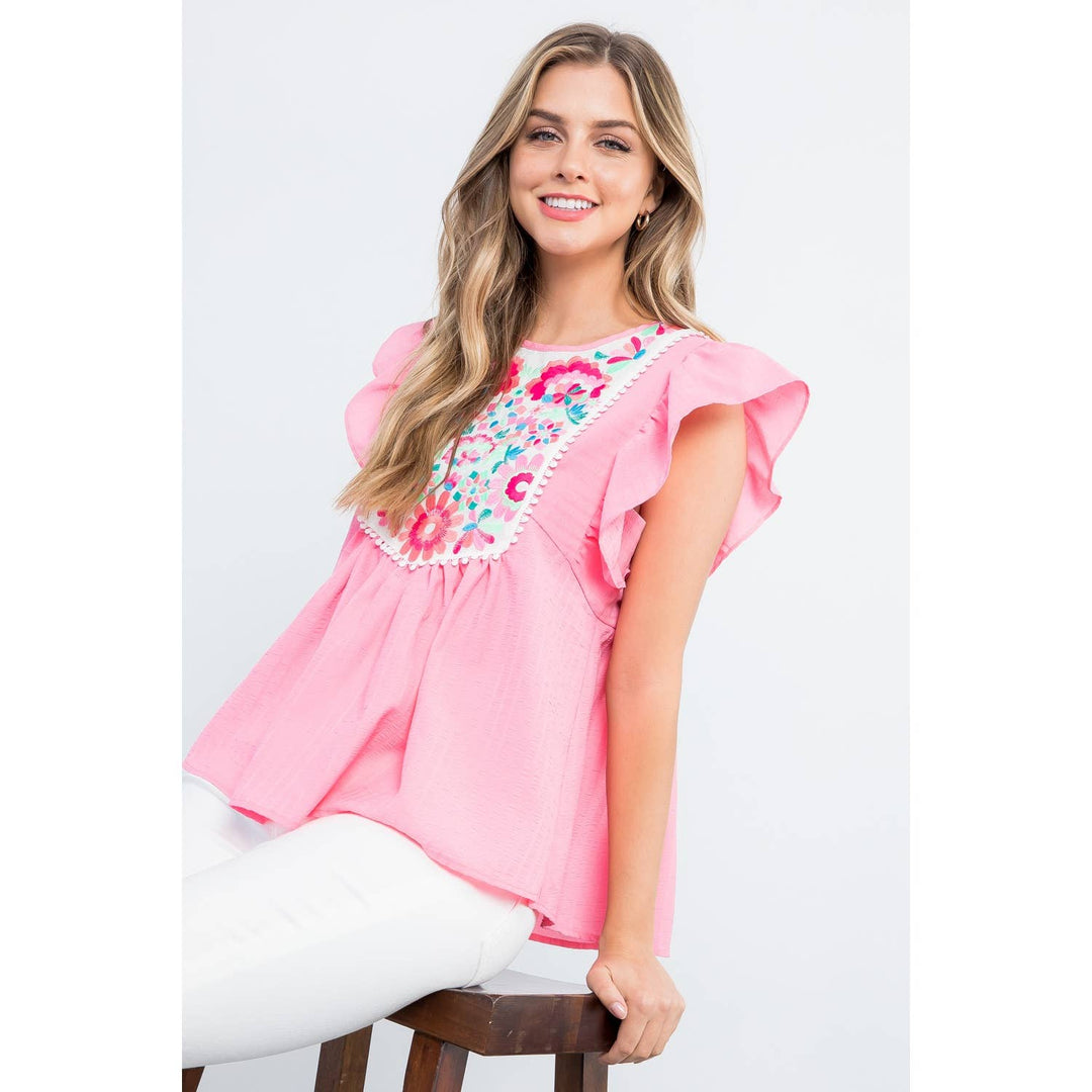 Embroidered Flutter Sleeve Top