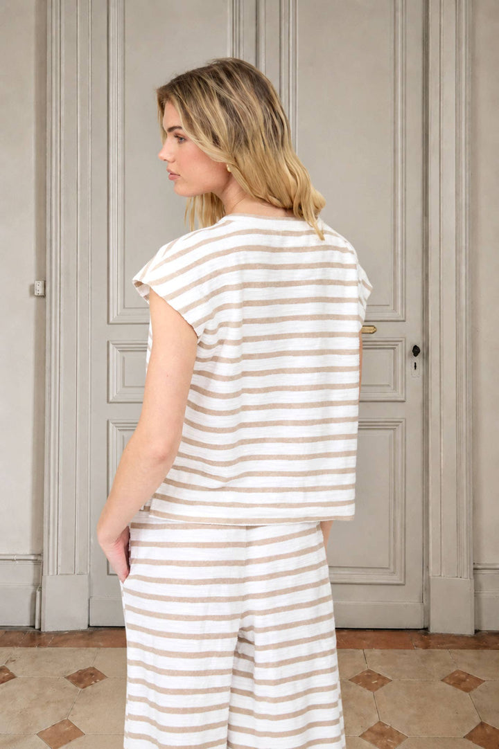 STRIPE ROUND NECK SHORT SLEEVE KNIT TOP & PANT SET