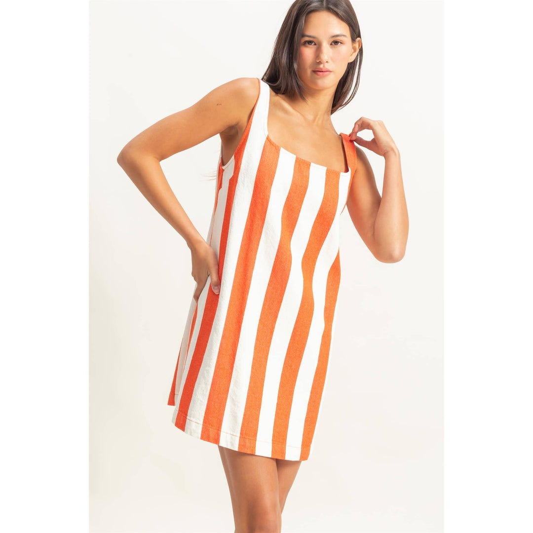 DZ25E182-Striped Square Neck Woven Mini Dress