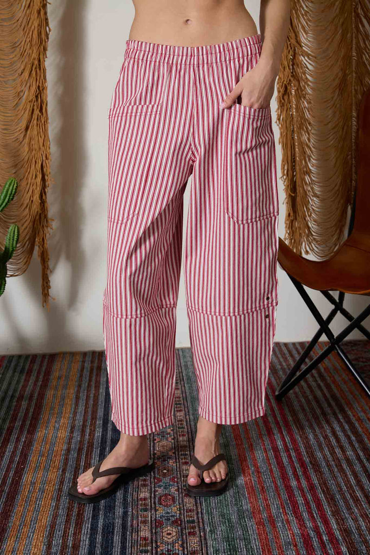 STRIPE POCKET DETAIL WIDE LEG PANTS Berry