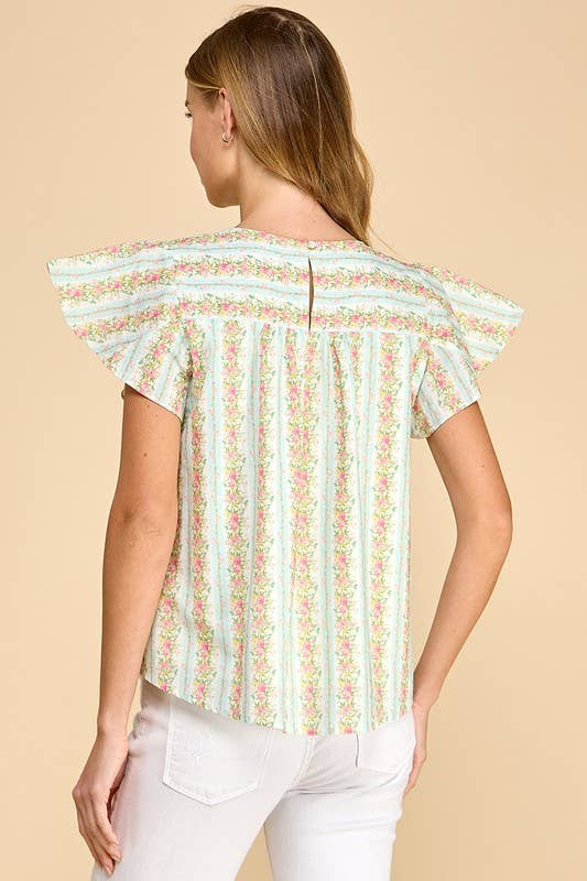 CT8860-Floral Striped Round Neck Ruffle Sleeves Top