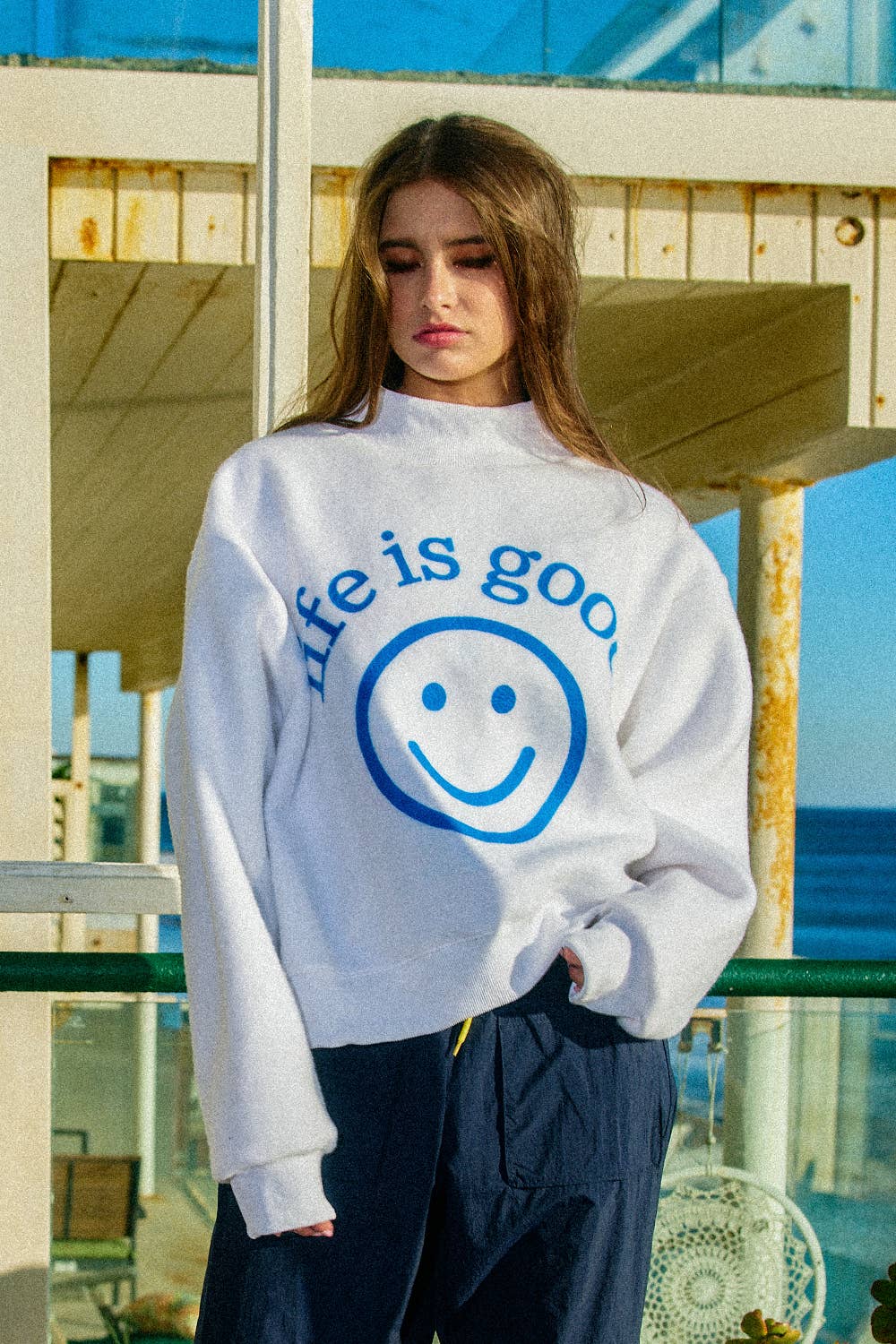 Reversible Graphic Mock-Neck Crop Sweatshirt