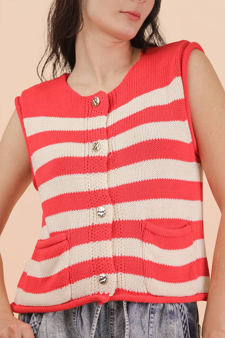 VJ Green Stripe Button Down Knit Sweater Top