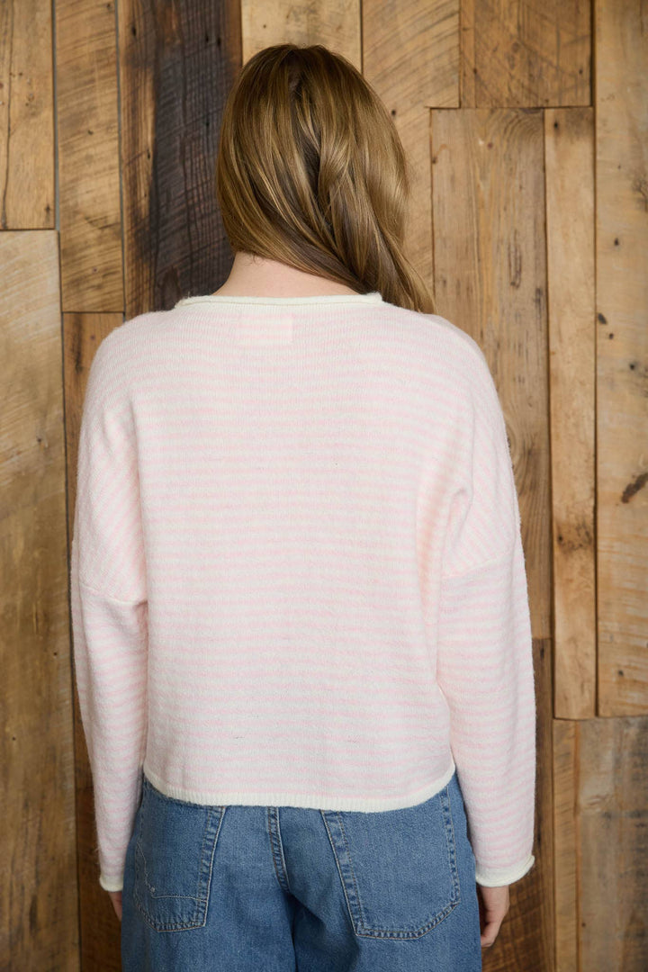 STRIPE RAW EDGE DROP SHOULDER KNIT CARDIGAN