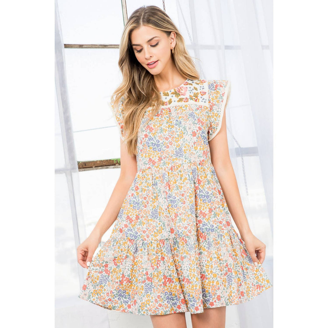 Embroidered Floral Tiered Dress Cream