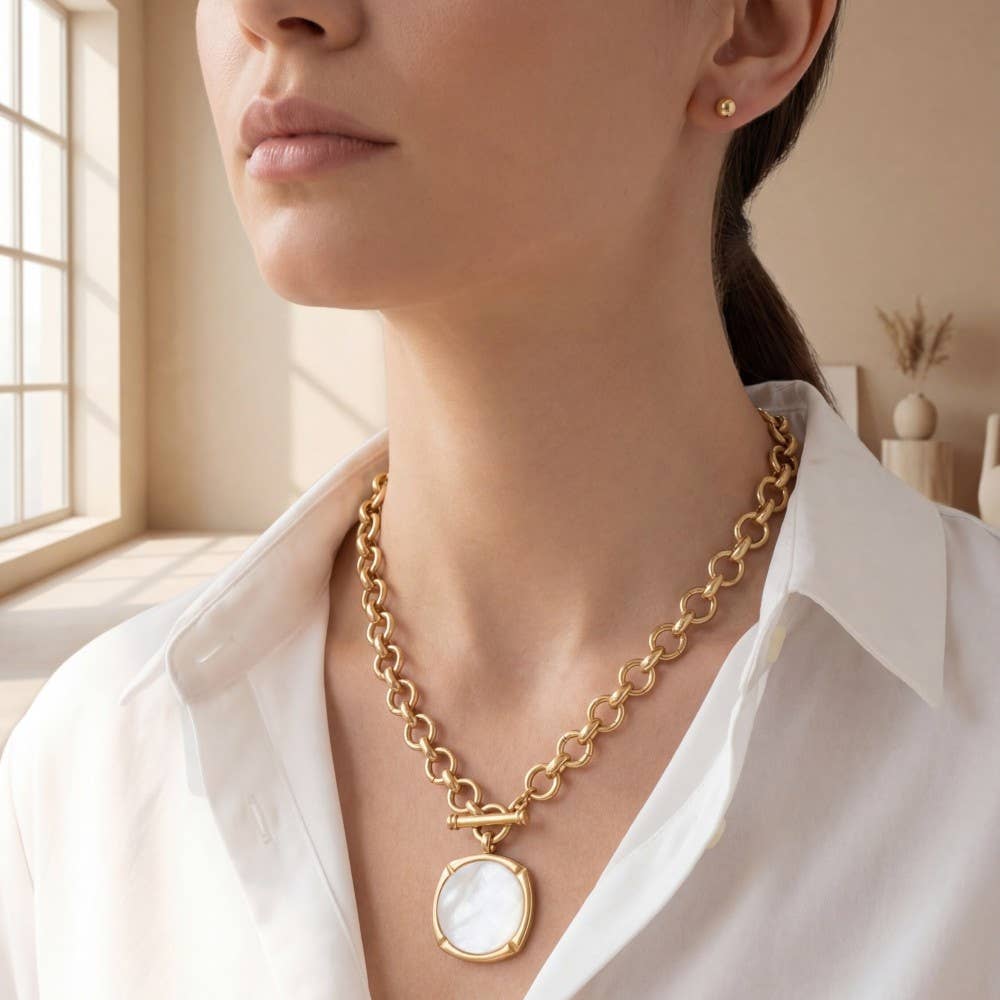 Rounded Mother Of Pearl Disc Pendant Necklace  Set