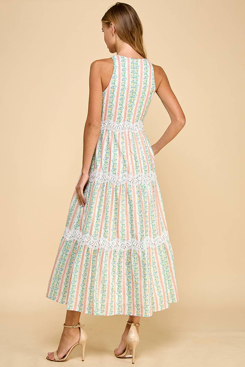 CD05287-Floral Stripe Print Scallop Lace Accent Midi Dress