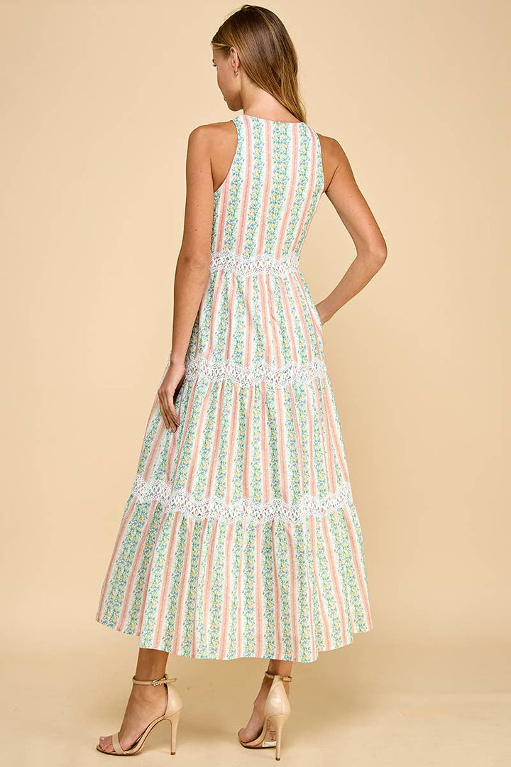 CD05287-Floral Stripe Print Scallop Lace Accent Midi Dress