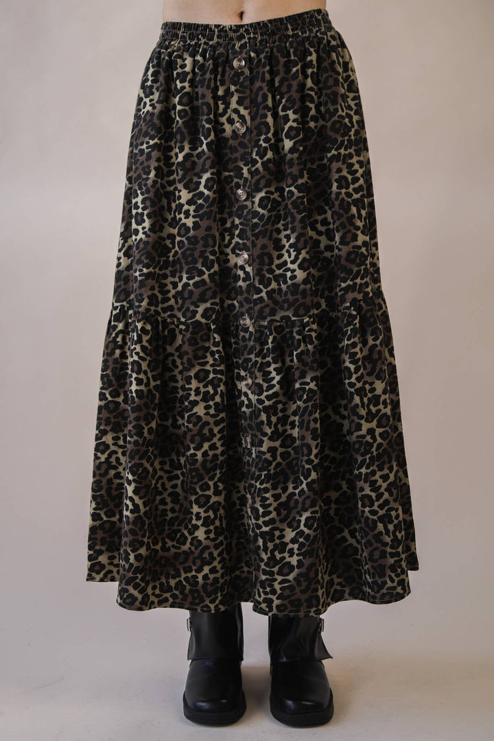 Button Down Leopard Printed Midi Skirt