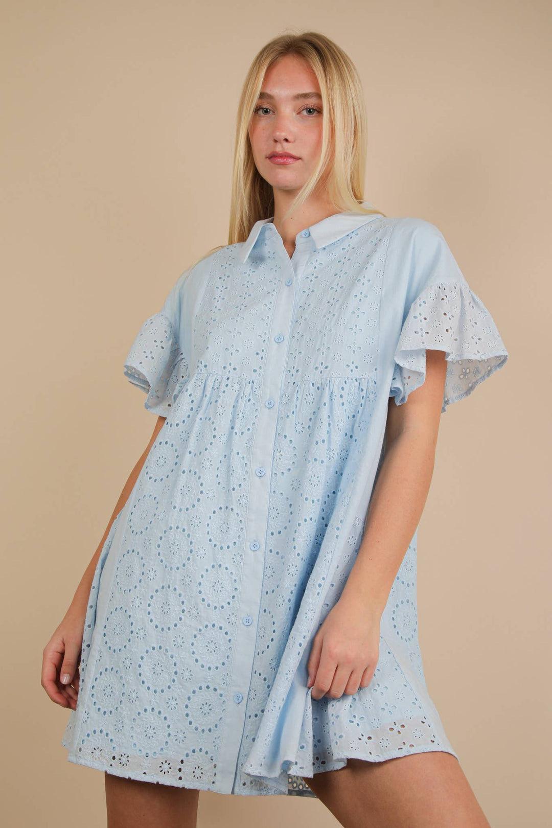ND31658-Mixed Cotton Eyelet Lace Ruffled Mini Shirt Dress