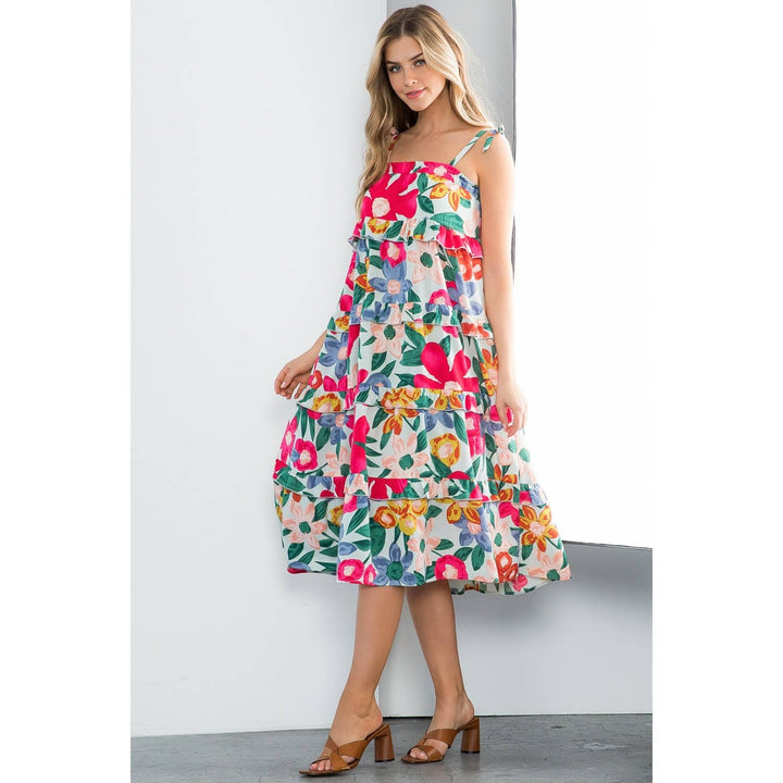 Mint Floral Midi Dress with Ruffle Tiers and Straps
