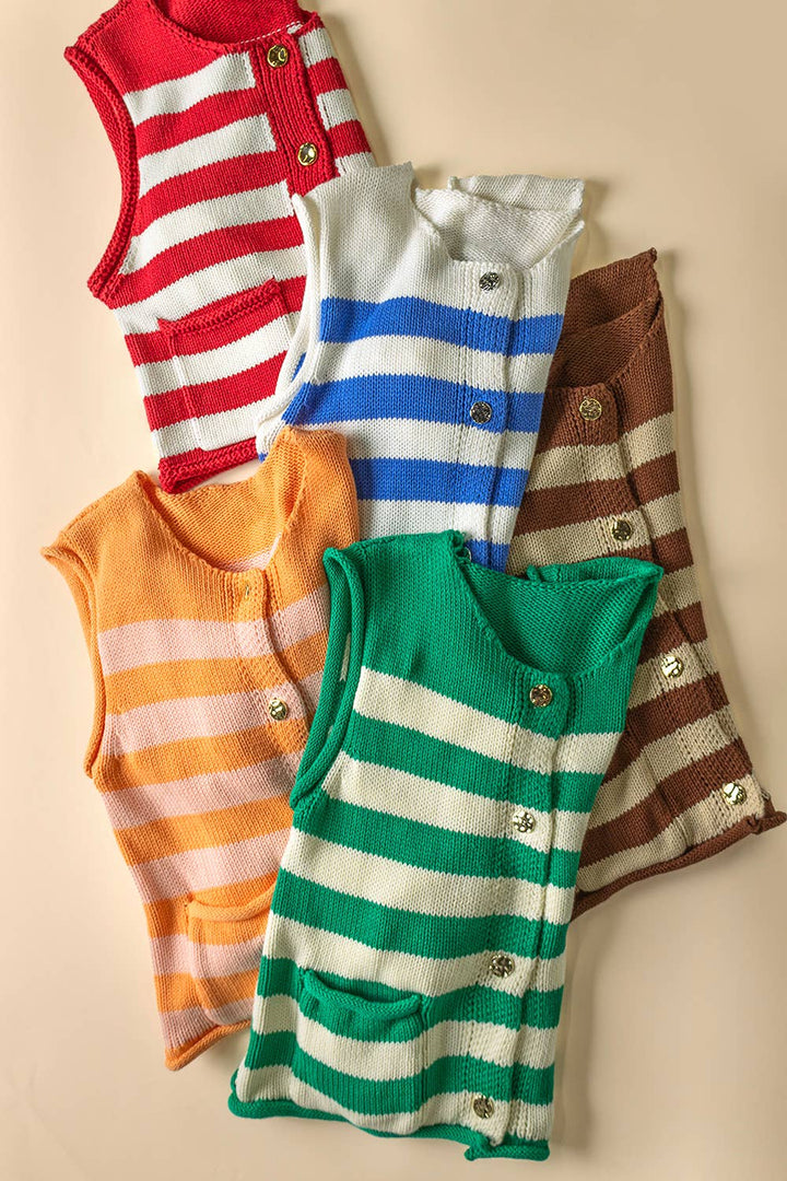 VJ Green Stripe Button Down Knit Sweater Top