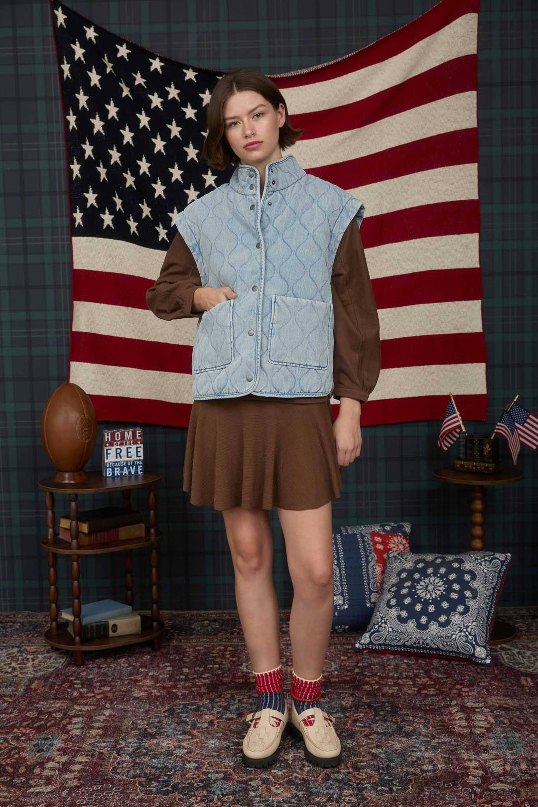 WASHED DENIM QUILTED BUTTON DOWN VEST
