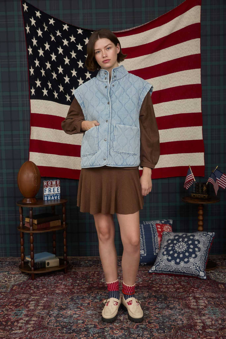 WASHED DENIM QUILTED BUTTON DOWN VEST