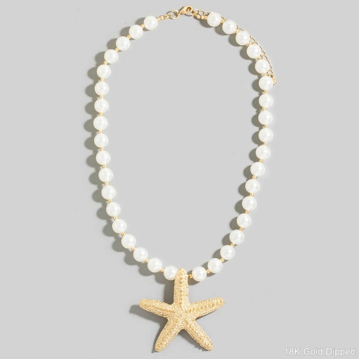 Gold Starfish Pendant Pearl Beaded Necklace
