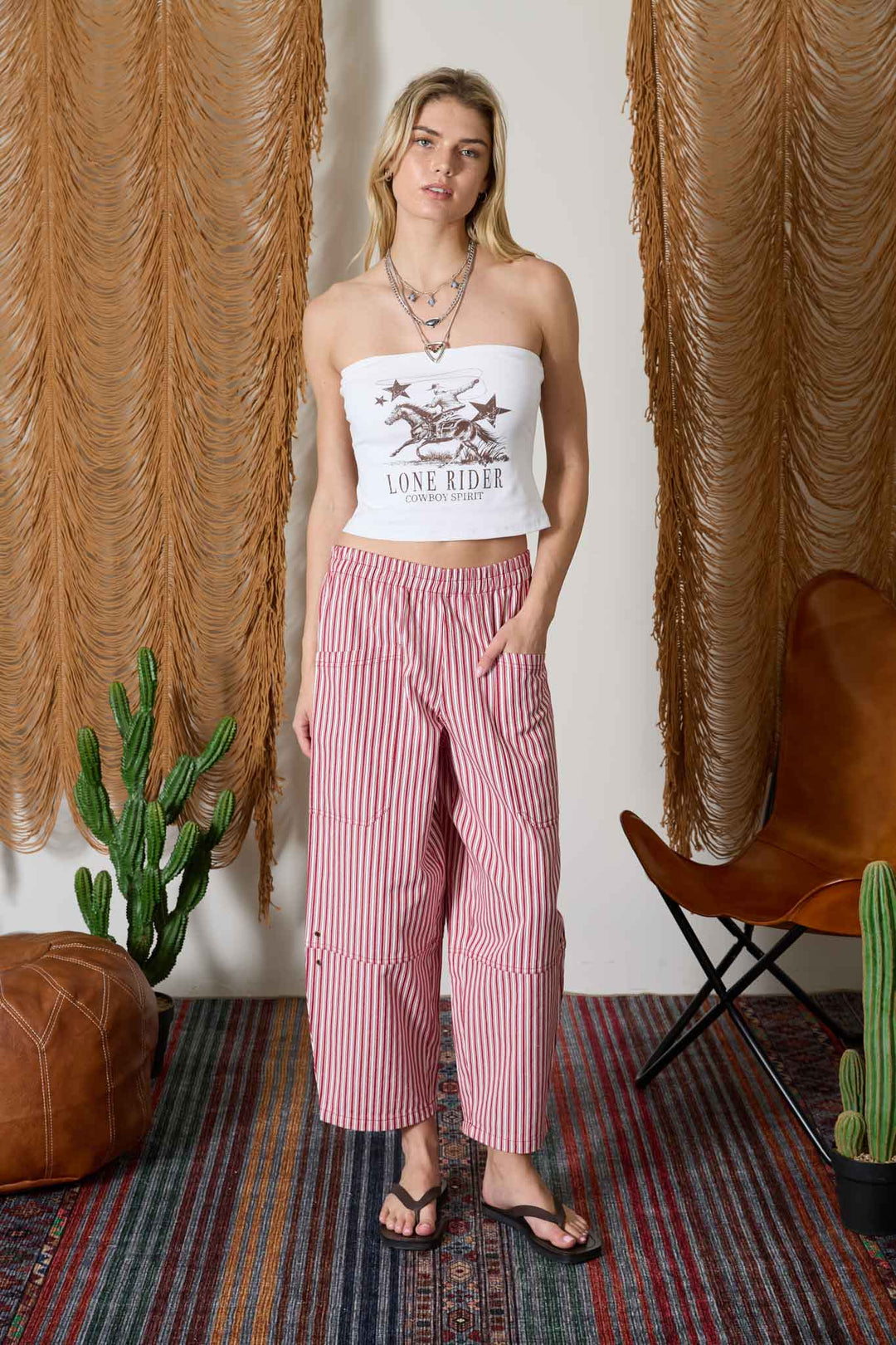 STRIPE POCKET DETAIL WIDE LEG PANTS Berry