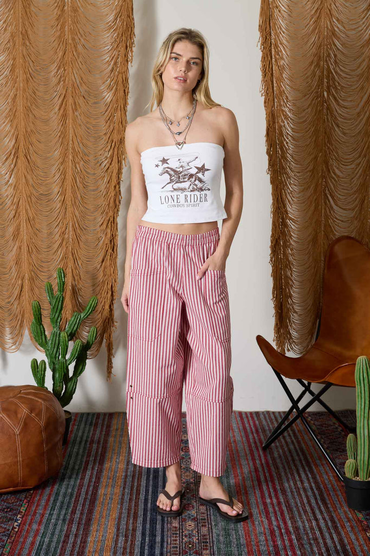 STRIPE POCKET DETAIL WIDE LEG PANTS Berry