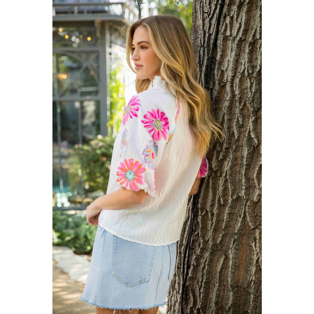 Embroidered Puff Sleeve Textured Floral Top