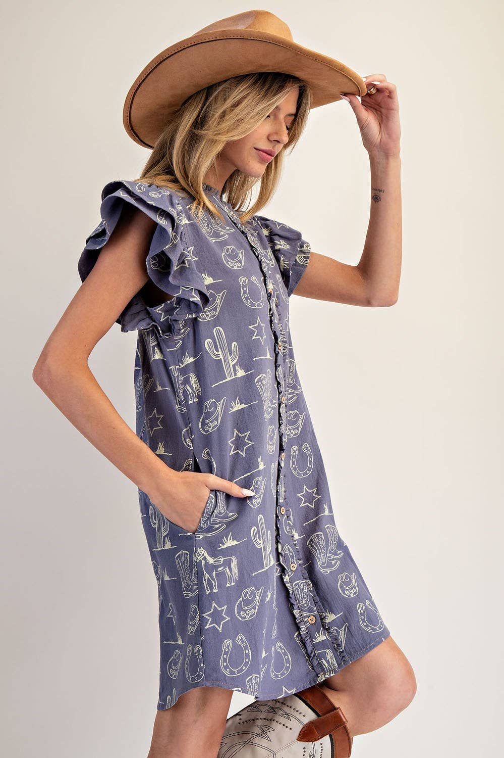 PL9120 - SOFT WASHED WESTERN GRAPHIC BUTTON DOWN MINI DRESS