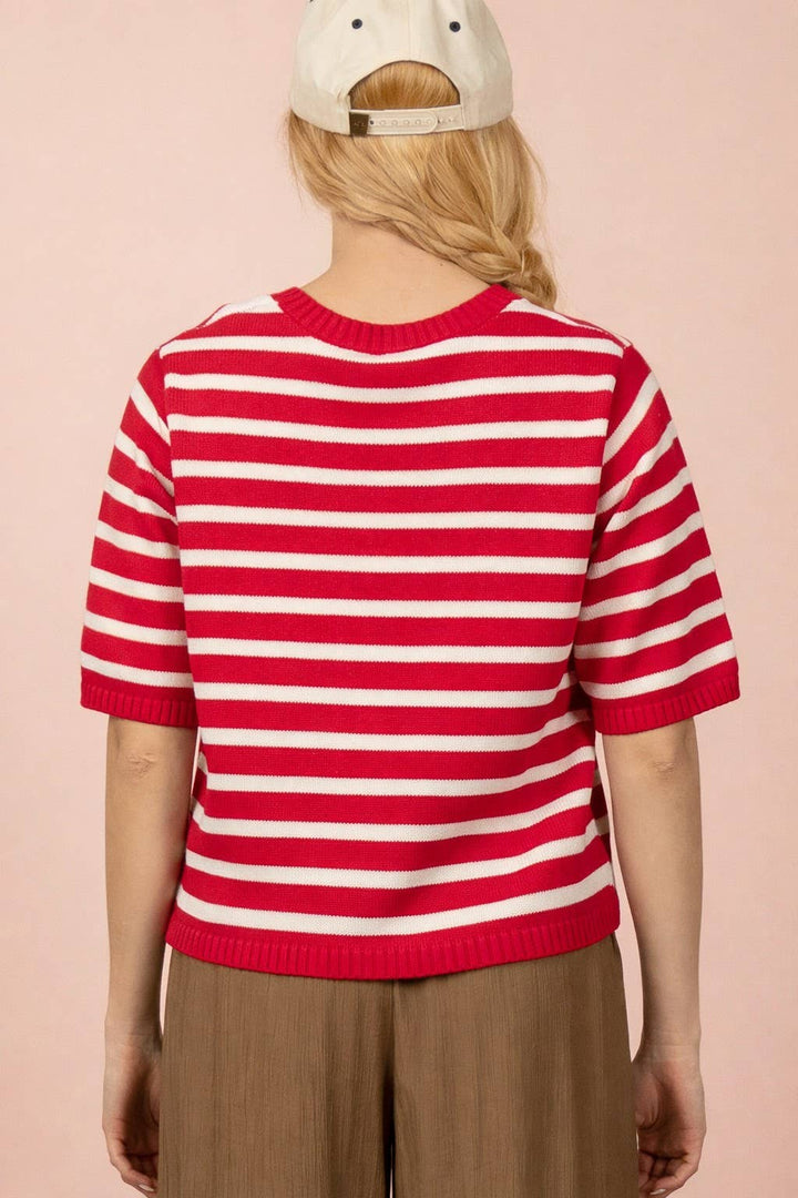 Stripe Button Down Knit Sweater Top Kelly Green