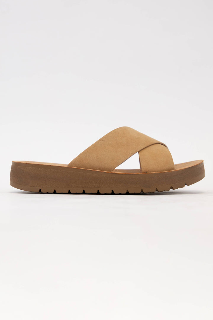 LUCY LIGHT-WEIGHT WEDGE PLATFORM CROSS STRAP SLIDE SANDAL