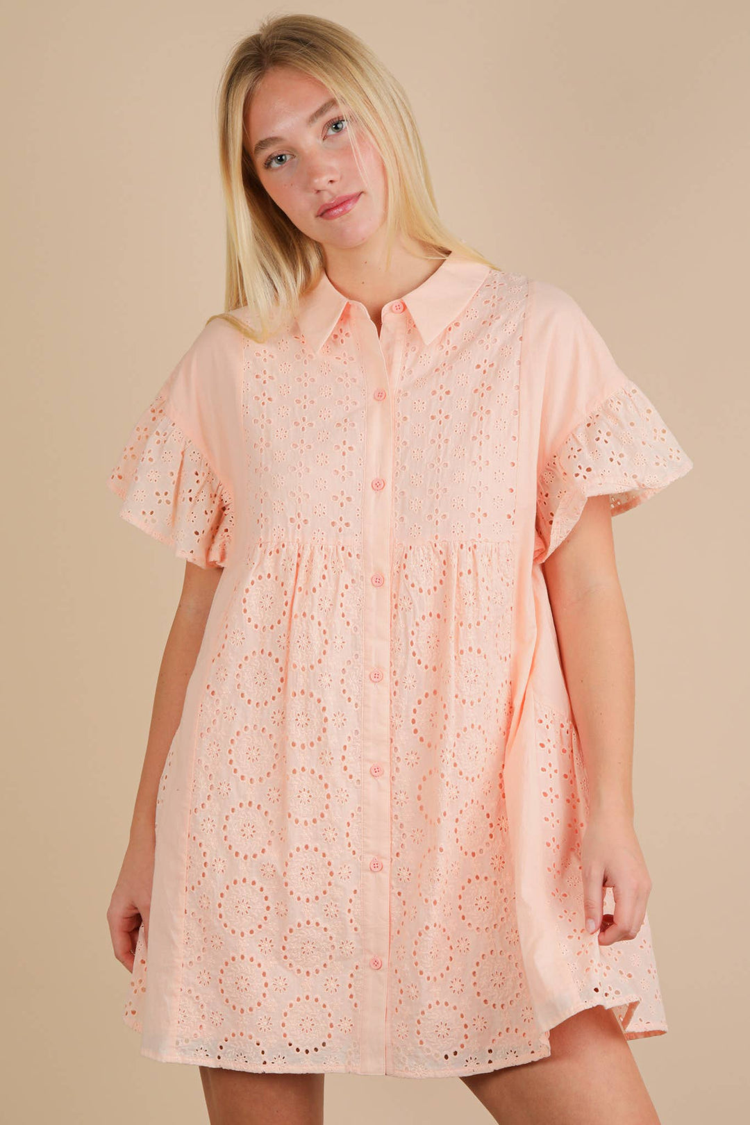 ND31658-Mixed Cotton Eyelet Lace Ruffled Mini Shirt Dress