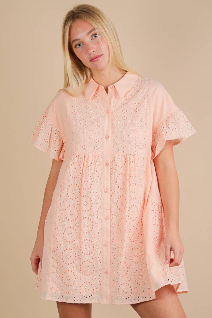 ND31658-Mixed Cotton Eyelet Lace Ruffled Mini Shirt Dress