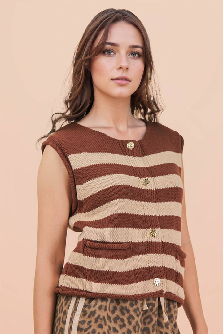 VJ Green Stripe Button Down Knit Sweater Top