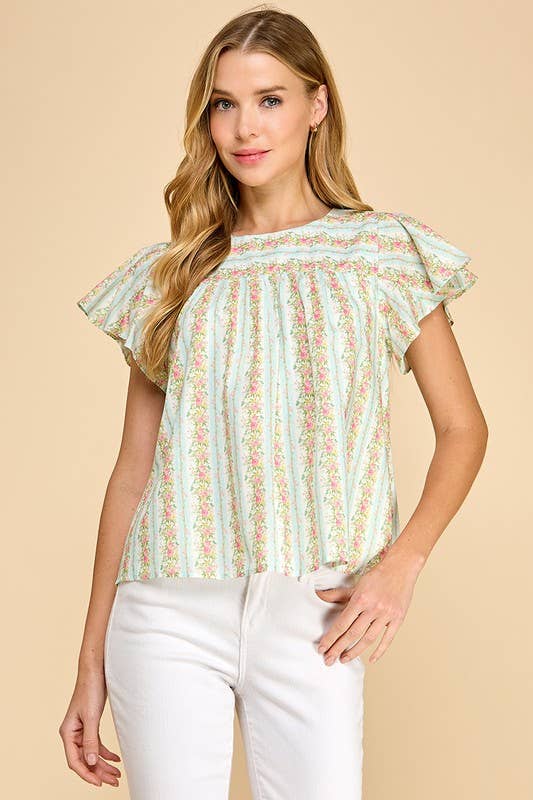 CT8860-Floral Striped Round Neck Ruffle Sleeves Top