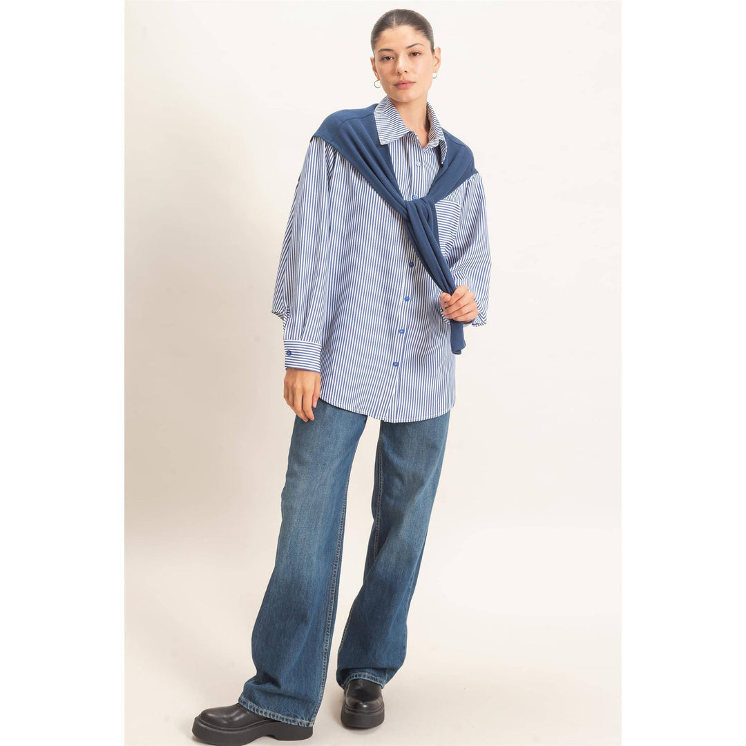Striped Button-Up Shirt With Faux Tie