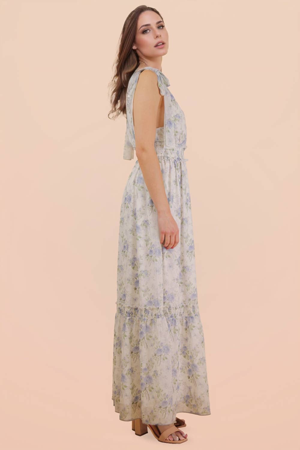 Floral Blue Printed Shoulder Strap Midi Dress