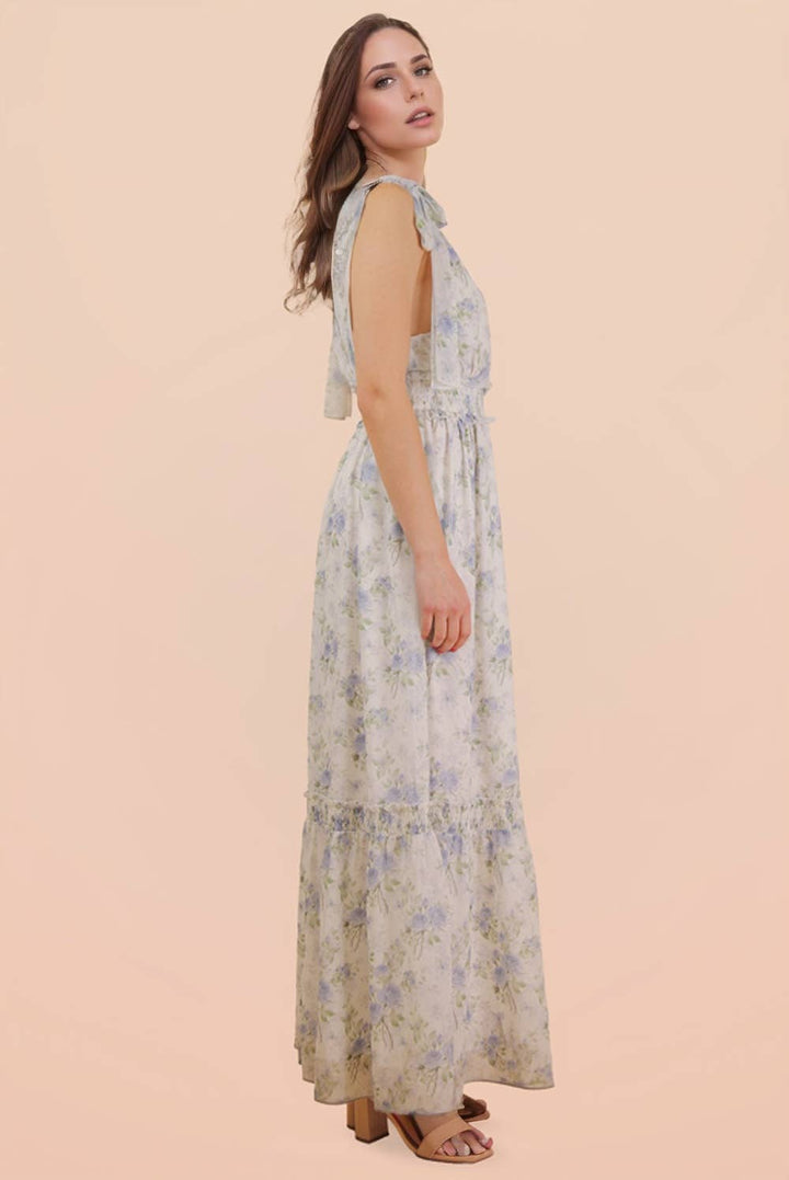 Floral Blue Printed Shoulder Strap Midi Dress