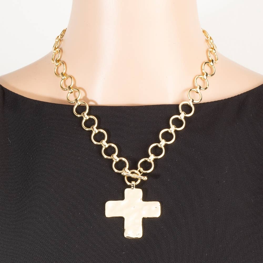 Hammered Cross Pendant Toggle Chain Necklace