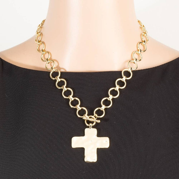 Hammered Cross Pendant Toggle Chain Necklace