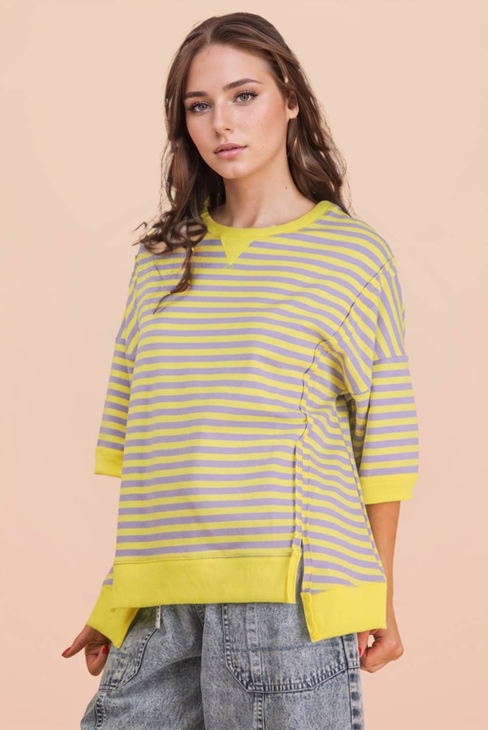 Oversized Stripe Casual Knit Top: LAVENDER/LEMON