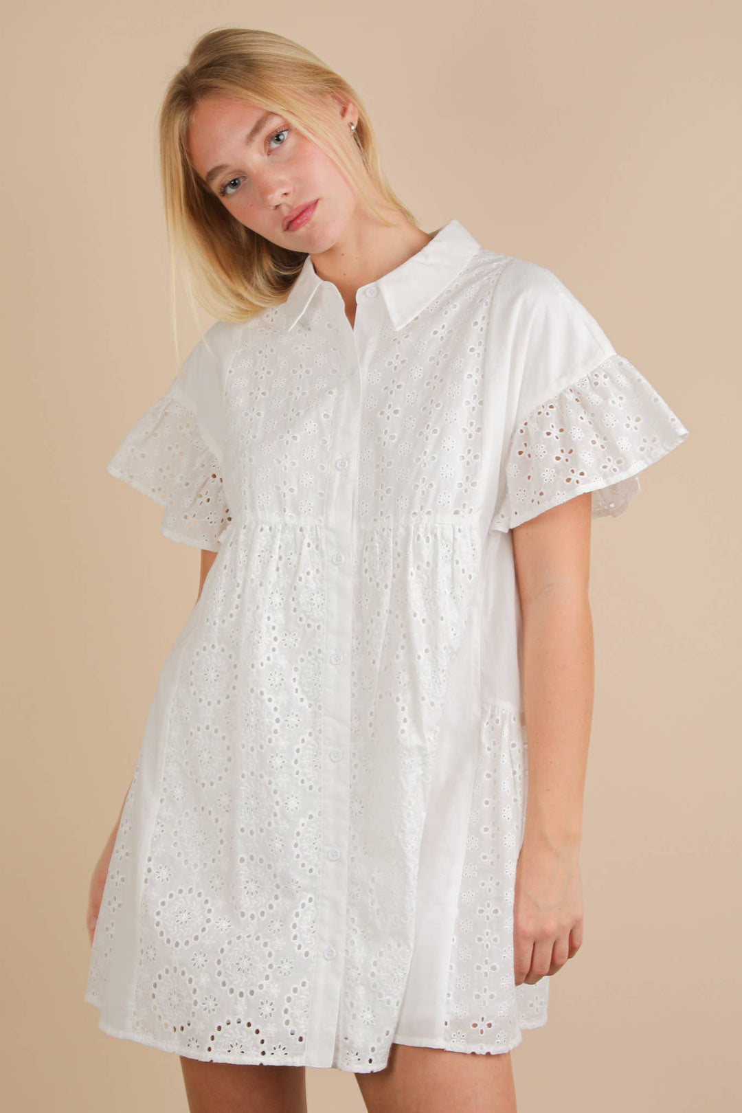 ND31658-Mixed Cotton Eyelet Lace Ruffled Mini Shirt Dress