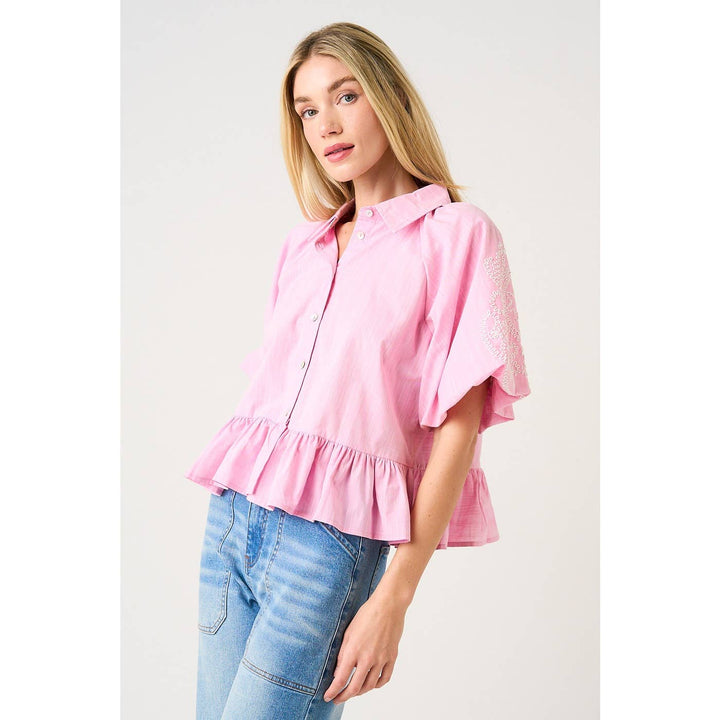 EMBROIDERY BUBBLE SLEEVE PEPLUM BUTTON DOWN SHIRT