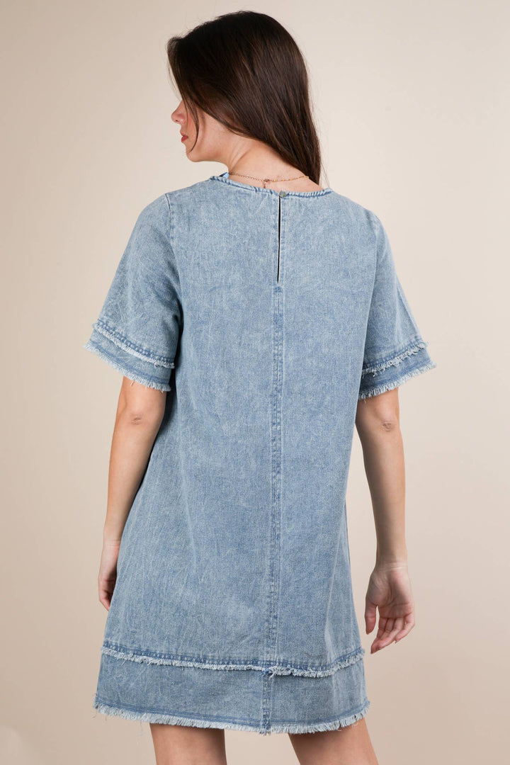 ND31576-Washed Denim Shift Mini Dress