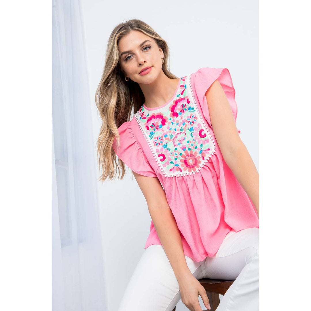 Embroidered Flutter Sleeve Top