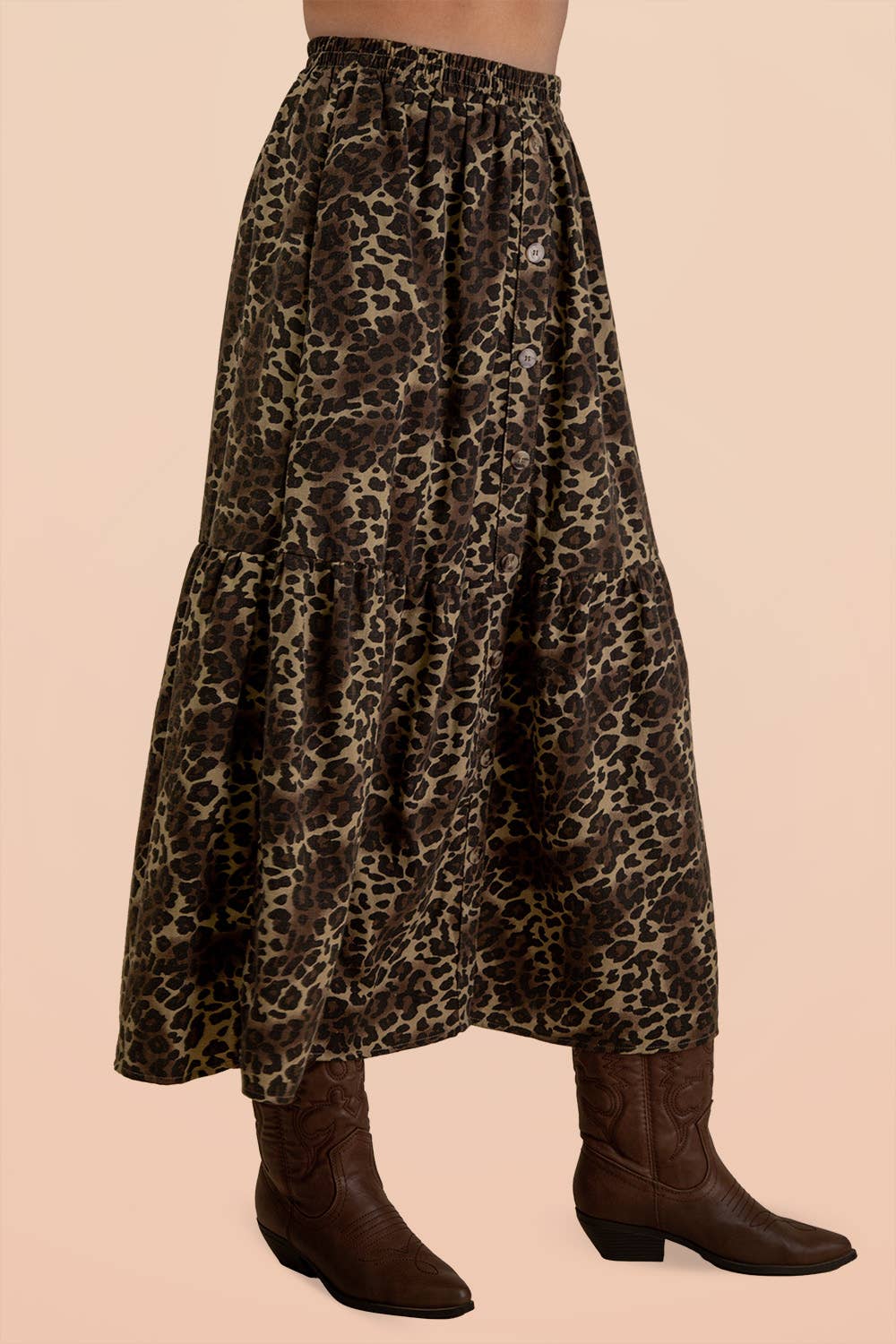 Button Down Leopard Printed Midi Skirt
