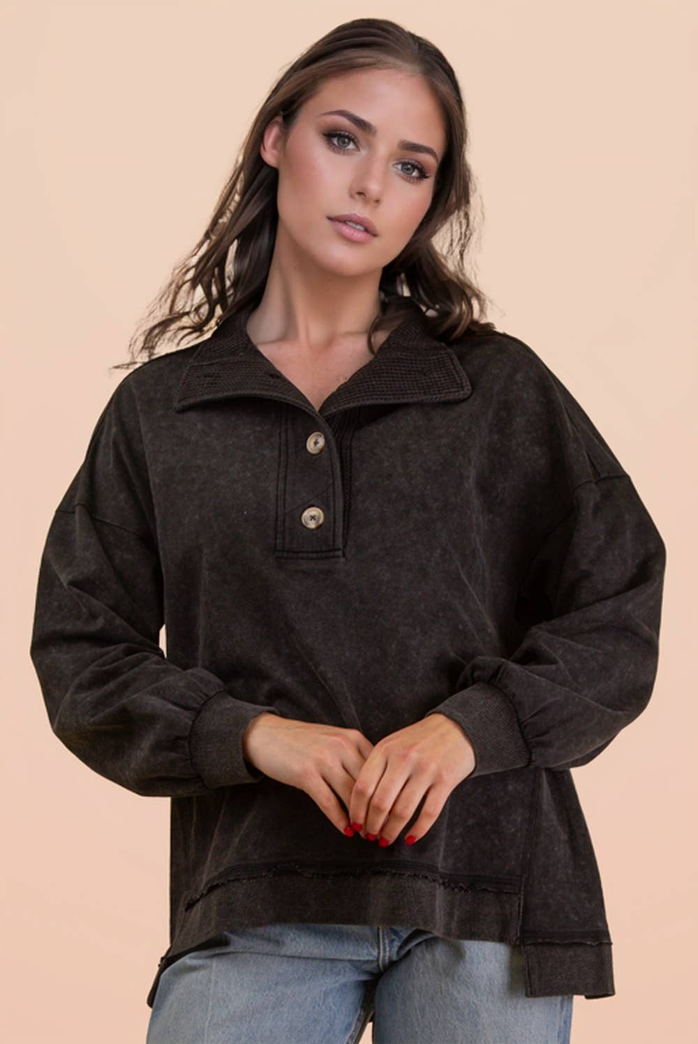 Very J Mock Neck Mineral Washed Knit Top