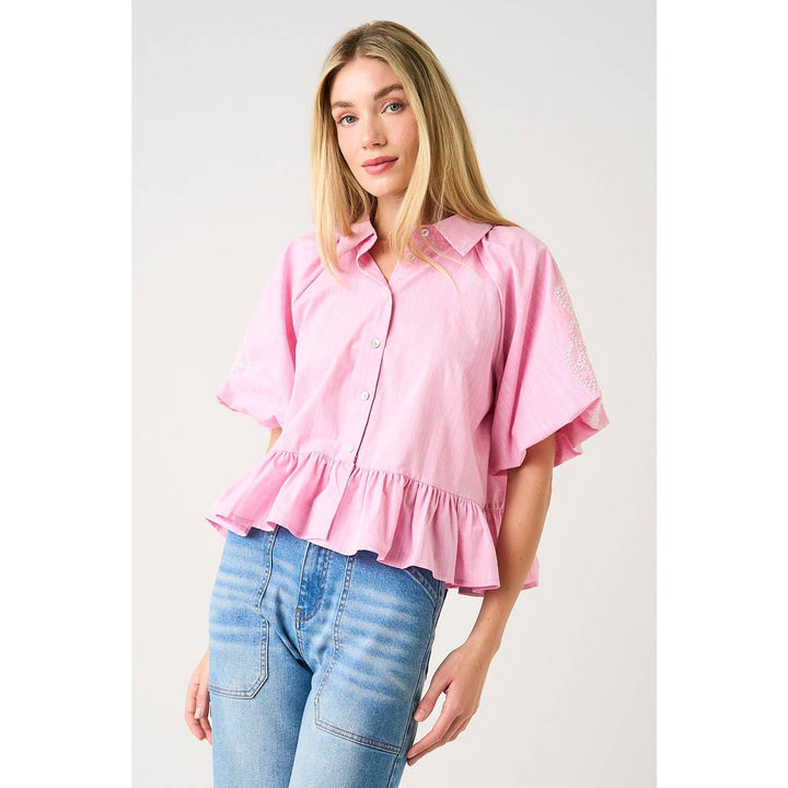 EMBROIDERY BUBBLE SLEEVE PEPLUM BUTTON DOWN SHIRT